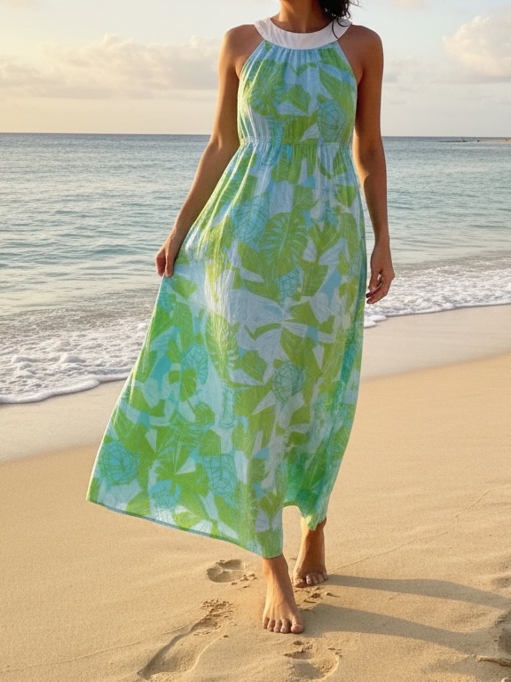 Lilly Pulitzer Women’s Size 16  High Neck Sleeves Maxi Dress Green Cotton